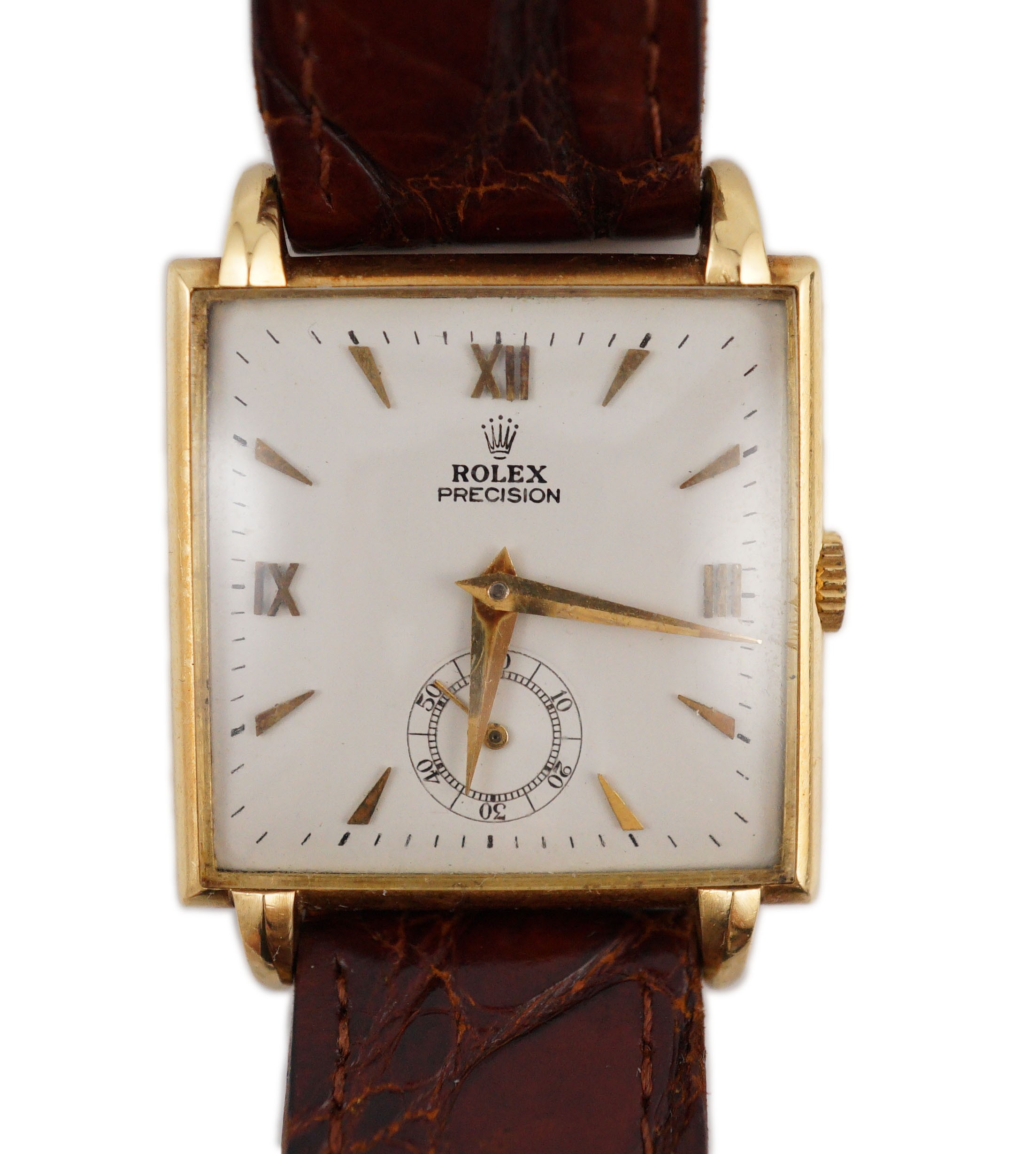 A gentleman's 18ct gold Rolex precision square dial manual wind wrist watch
